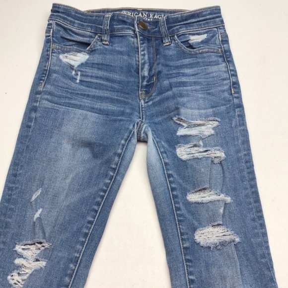FACTORY DISTRESS AMERICAN EAGLE HI-RISE DENIM JEGGINGS 00/24x28 🦅 - Picture 3 of 11